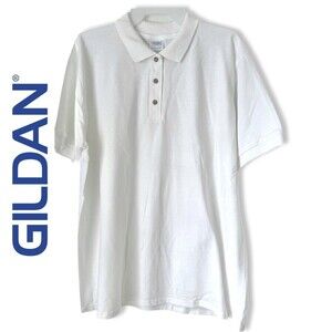 NWOT Gildan Ultra Cotton (XL) Front Buttons White Polo Shirt Uniform Work